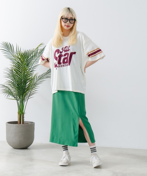 CONVERSE(コンバース)の「【CONVERSE/コンバース】ネップスラブ フットボールTシャツ(Tシャツ/カットソー・レディース・オフホワイト/グリーン・MEDIUM)」の4枚目の写真