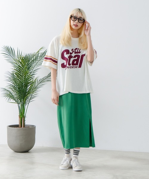 CONVERSE(コンバース)の「【CONVERSE/コンバース】ネップスラブ フットボールTシャツ(Tシャツ/カットソー・レディース・オフホワイト/グリーン・MEDIUM)」の5枚目の写真