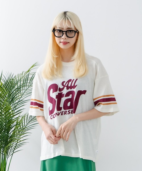CONVERSE(コンバース)の「【CONVERSE/コンバース】ネップスラブ フットボールTシャツ(Tシャツ/カットソー・レディース・オフホワイト/グリーン・MEDIUM)」の6枚目の写真