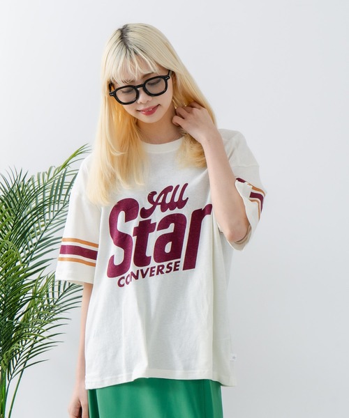 CONVERSE(コンバース)の「【CONVERSE/コンバース】ネップスラブ フットボールTシャツ(Tシャツ/カットソー・レディース・オフホワイト/グリーン・MEDIUM)」の7枚目の写真