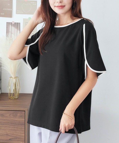 alotta(アロッタ)の「配色デザインチューリップ袖Tシャツブラウス(シャツ/ブラウス・レディース・ブラック/ライトブルー・M/L/LL/3L)」の3枚目の写真
