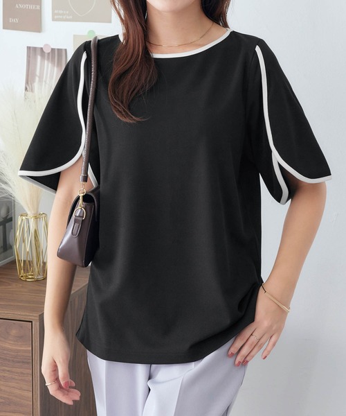 alotta(アロッタ)の「配色デザインチューリップ袖Tシャツブラウス(シャツ/ブラウス・レディース・ブラック/ライトブルー・M/L/LL/3L)」の4枚目の写真