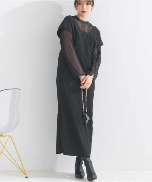 OandI（オーアンドアイ）の「シアートップス＋Vラインワンピース（ワンピース・レディース・ブラック×ブラック/ベージュ×ブラック/チャコールグレー・FREE）」の2枚目の写真