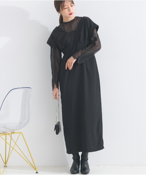 OandI（オーアンドアイ）の「シアートップス＋Vラインワンピース（ワンピース・レディース・ブラック×ブラック/ベージュ×ブラック/チャコールグレー・FREE）」の4枚目の写真