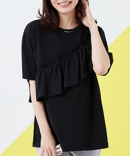 BELLUNA PLUS(ベルーナ)の「フリル異素材切替プルオーバー(Tシャツ/カットソー・レディース・ホワイト×ブラック/ワイン/ブラック/ダークブルー・MEDIUM/LARGE/X-LARGE)」の3枚目の写真