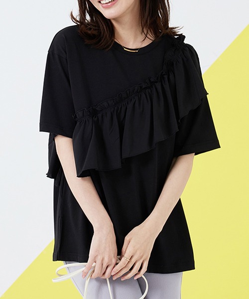 BELLUNA PLUS(ベルーナ)の「フリル異素材切替プルオーバー(Tシャツ/カットソー・レディース・ホワイト×ブラック/ワイン/ブラック/ダークブルー・MEDIUM/LARGE/X-LARGE)」の5枚目の写真