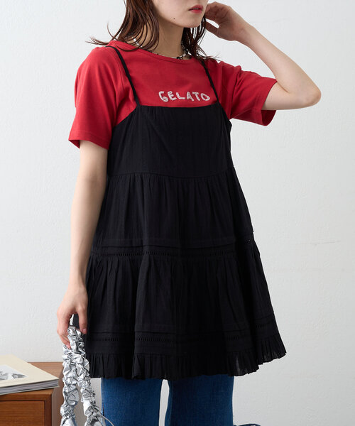 w closet（ダブルクローゼット）の「コットンフリルミニワンピ（チュニック・レディース・ブラック/オフホワイト・FREE）」の3枚目の写真