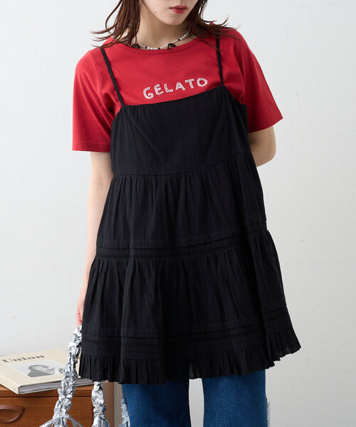 w closet（ダブルクローゼット）の「コットンフリルミニワンピ（チュニック・レディース・ブラック/オフホワイト・FREE）」の4枚目の写真