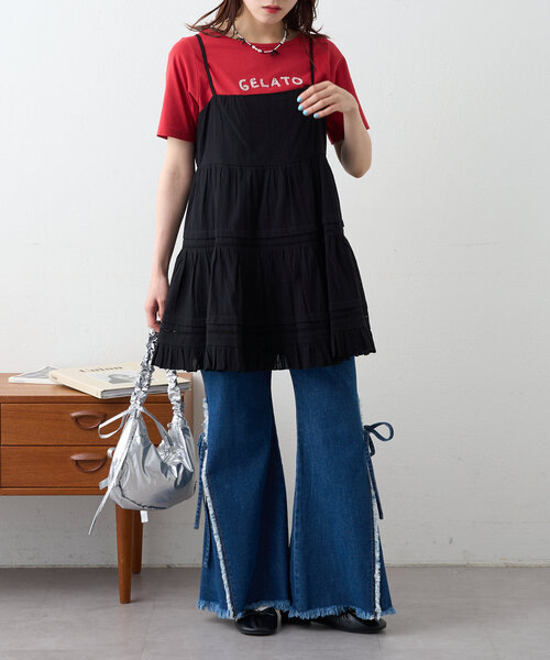 w closet（ダブルクローゼット）の「コットンフリルミニワンピ（チュニック・レディース・ブラック/オフホワイト・FREE）」の11枚目の写真