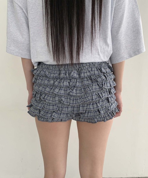 チェック柄フリルショートパンツ セットアップ リボンブラウス チェック柄ミニスカートワンピース