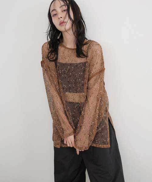 セール】ミックスメッシュシアートップス（Tシャツ/カットソー