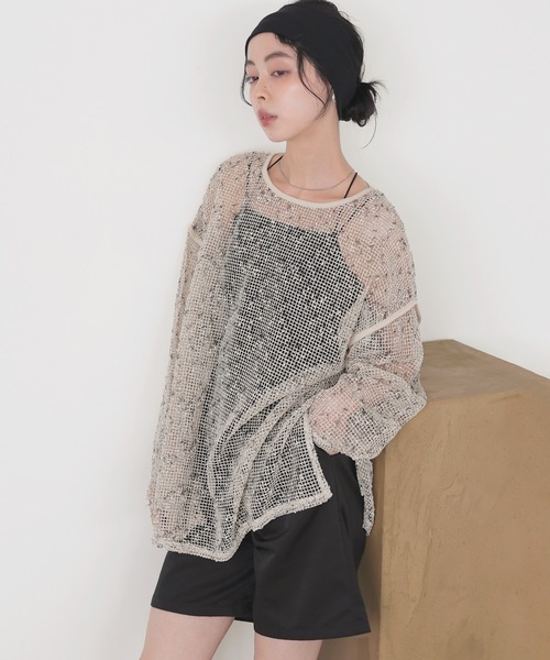 Tanner Fletcher メッシュ トップス カットソー シアー リボン セール】ミックスメッシュシアートップス（Tシャツ/カットソー