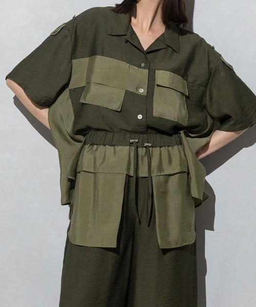 MARECHAL TERRE（マルシャルテル）の「コンビネーション開襟シャツ（シャツ/ブラウス・レディース・ブラック/カーキ/ブルー/ライトグリーン・MEDIUM）」の3枚目の写真