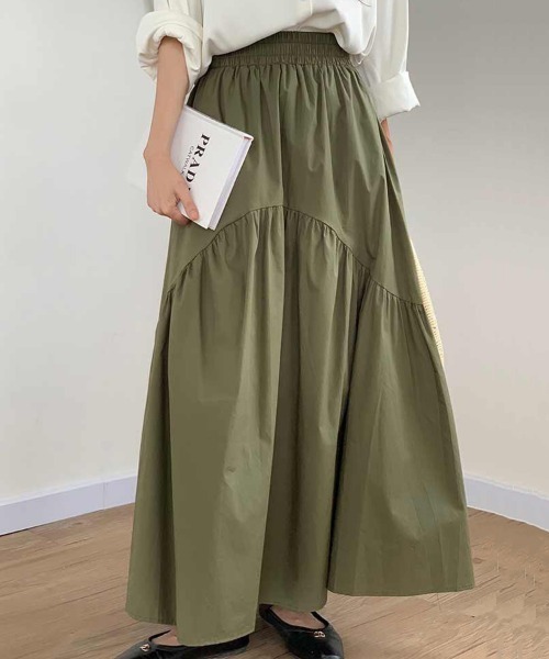 Beststore(ベストストア)の「ロングスカート ウエストゴム入り ギャザー切り替え(スカート・レディース・オリーブ/アイボリー/ブラック・FREE)」の3枚目の写真