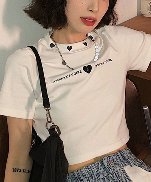 Songe(ソンジュ)の「ハート刺繍半袖ミニT(Tシャツ/カットソー・レディース・ブラック/ホワイト・M/L)」の8枚目の写真