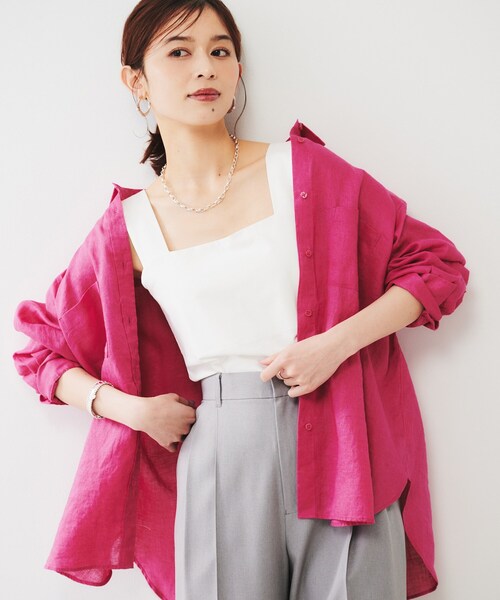 美品★FRAMeWORK | 20SS ピンクベージュ リネンシャツ 麻100% リネンオーバーシルエットシャツ（ピンク） | iichi 日々の