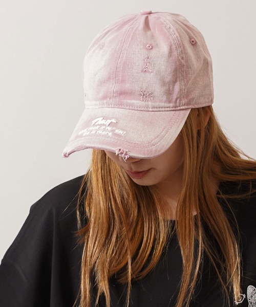 セール】刺繍ロゴ ダメージ ピグメント カーブキャップ