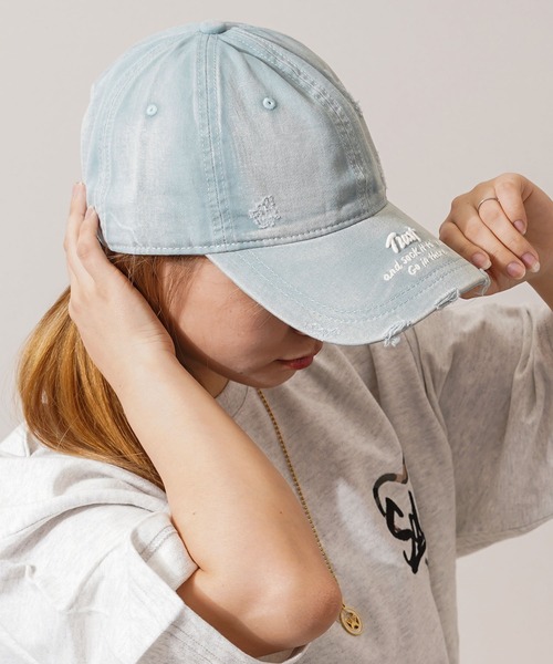 刺繍ロゴ ダメージ ピグメント カーブキャップ / Embroidered logo