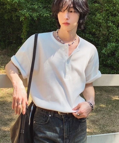 NOWLE（ノウル）の「【NOWLE】リラックス ワッフル ヘンリーネック 半袖 Tシャツ（Tシャツ/カットソー・メンズ・ホワイト/ライトグレー・X-LARGE/LARGE/MEDIUM）」の11枚目の写真