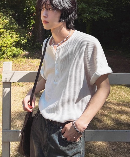 NOWLE（ノウル）の「【NOWLE】リラックス ワッフル ヘンリーネック 半袖 Tシャツ（Tシャツ/カットソー・メンズ・ホワイト/ライトグレー・X-LARGE/LARGE/MEDIUM）」の12枚目の写真