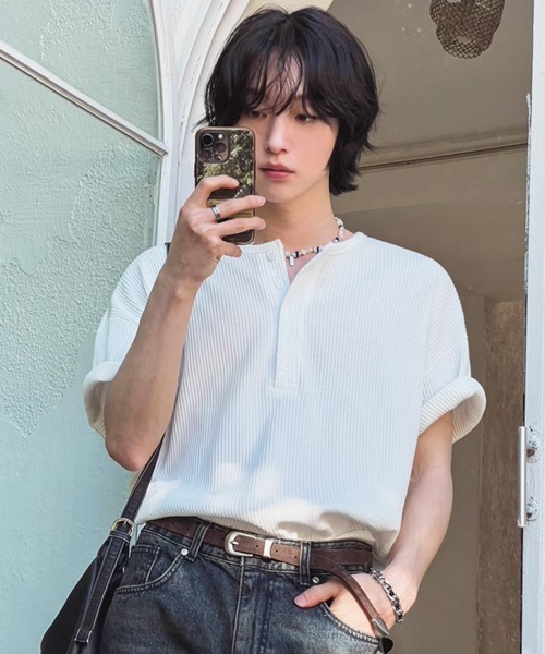 NOWLE（ノウル）の「【NOWLE】リラックス ワッフル ヘンリーネック 半袖 Tシャツ（Tシャツ/カットソー・メンズ・ホワイト/ライトグレー・X-LARGE/LARGE/MEDIUM）」の20枚目の写真