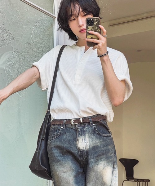 NOWLE（ノウル）の「【NOWLE】リラックス ワッフル ヘンリーネック 半袖 Tシャツ（Tシャツ/カットソー・メンズ・ホワイト/ライトグレー・X-LARGE/LARGE/MEDIUM）」の21枚目の写真