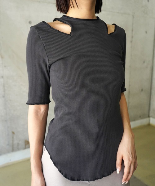 tシャツ NOTCH DESIGN TERECO RIB HALF-S TOPS / ノッチデザインテレコリブハーフスリーブトップス レディース NOTCH DESIGN TERECO RIB HALF-S TOPS / ノッチデザインテレコ