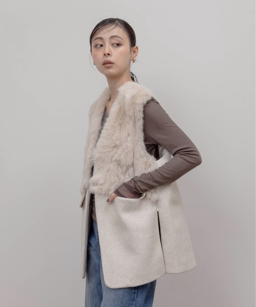 美品　Eimee Lawファー&メルトンベスト　ショート丈 Eimee Law ベスト ジレ ファー＆メルトンドロストコクーンフォルム