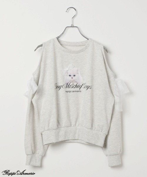 repipi armario(レピピ アルマリオ)の「【girly line】CATリボンカタアキトップス(スウェット・キッズ・サックスブルー/アイボリー/グレー・LARGE/MEDIUM/SMALL)」の1枚目の写真