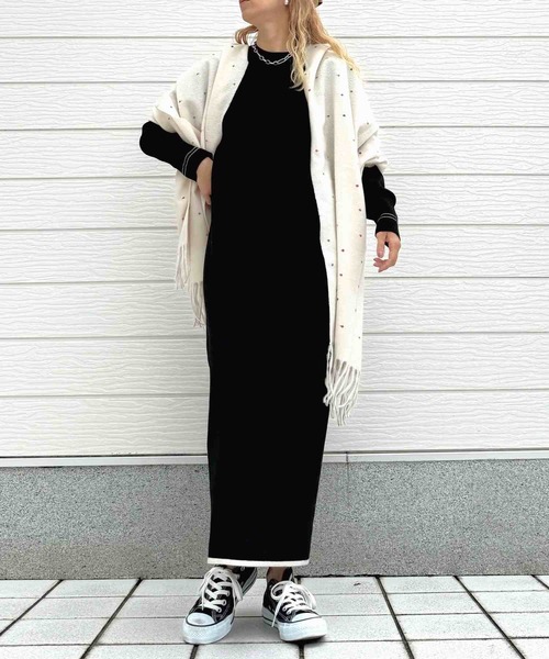 Q（キュー）の「やわもち配色ラインワンピース（ワンピース・レディース・ブラック/チャコールグレー・MEDIUM）」の14枚目の写真