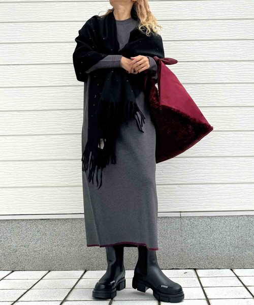 Q（キュー）の「やわもち配色ラインワンピース（ワンピース・レディース・ブラック/チャコールグレー・MEDIUM）」の12枚目の写真