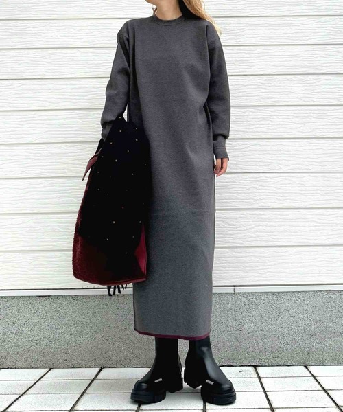 Q（キュー）の「やわもち配色ラインワンピース（ワンピース・レディース・ブラック/チャコールグレー・MEDIUM）」の11枚目の写真