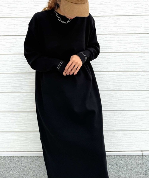 Q（キュー）の「やわもち配色ラインワンピース（ワンピース・レディース・ブラック/チャコールグレー・MEDIUM）」の8枚目の写真