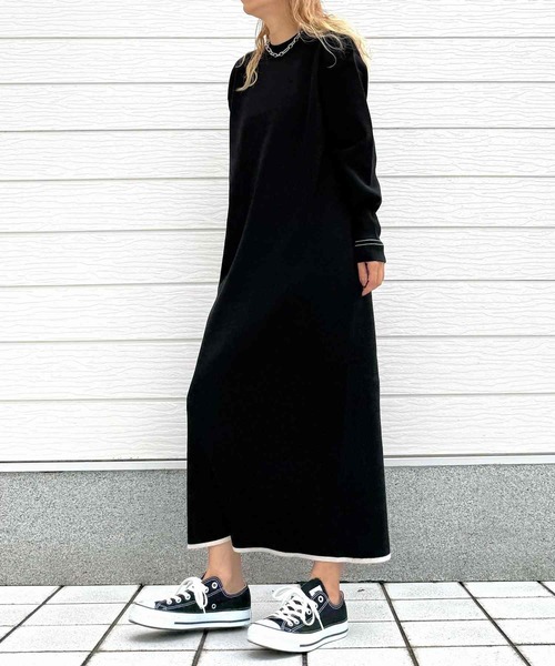 Q（キュー）の「やわもち配色ラインワンピース（ワンピース・レディース・ブラック/チャコールグレー・MEDIUM）」の15枚目の写真