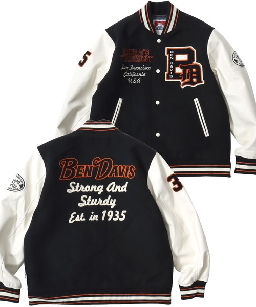 BEN DAVIS（ベンデイビス）の「BEN DAVIS/ベンデイビス BD STADIUM JACKET/オーバーサイズ フェイクメルトン フェイクレザースリーブ バック刺繍 スタジアムジャケット/スタジャン/中綿ジャケット/レディース メンズ（スタジャン・メンズ・ブラック/ブラック系その他・M/L/XL）」の2枚目の写真