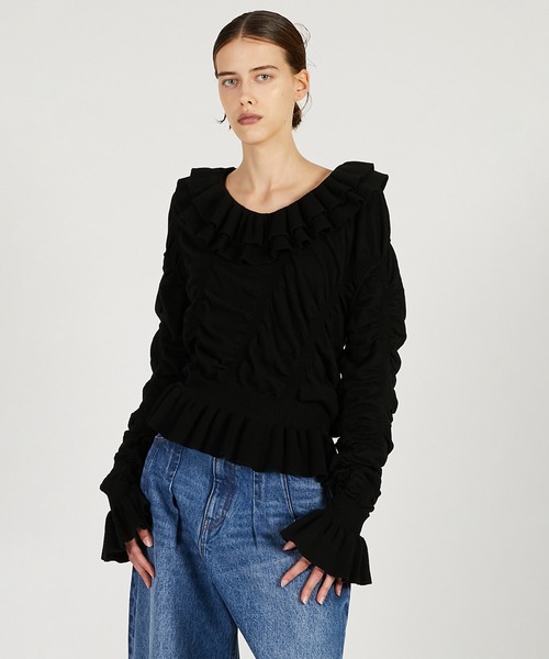 PRANK PROJECT(プランクプロジェクト)の「シャーリングラッフルニット / Sharling Ruffled Knit(ニット/セーター・レディース・グレー/ブラック・FREE)」の2枚目の写真