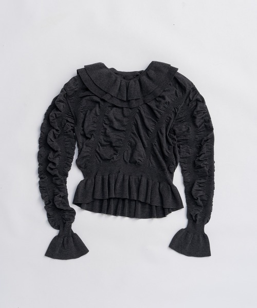 PRANK PROJECT(プランクプロジェクト)の「シャーリングラッフルニット / Sharling Ruffled Knit(ニット/セーター・レディース・グレー/ブラック・FREE)」の8枚目の写真
