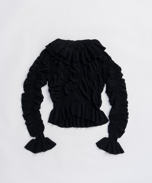 PRANK PROJECT(プランクプロジェクト)の「シャーリングラッフルニット / Sharling Ruffled Knit(ニット/セーター・レディース・グレー/ブラック・FREE)」の12枚目の写真