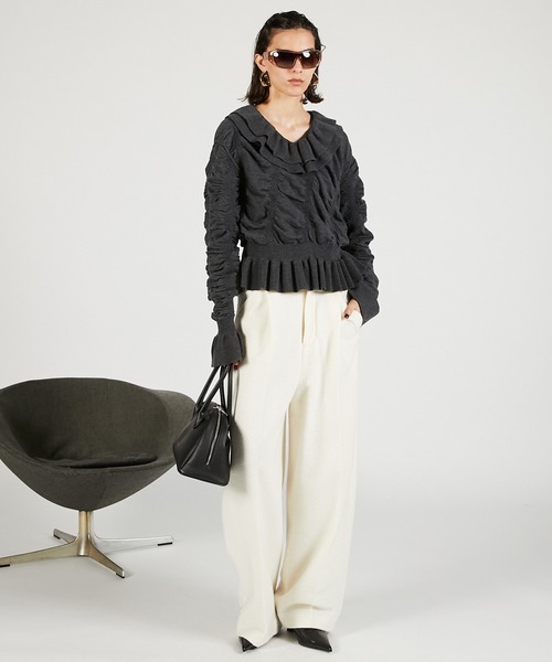 PRANK PROJECT(プランクプロジェクト)の「シャーリングラッフルニット / Sharling Ruffled Knit(ニット/セーター・レディース・グレー/ブラック・FREE)」の5枚目の写真