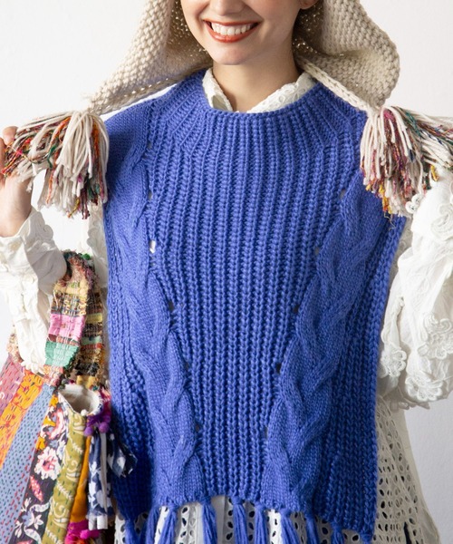 チャイハネ（チャイハネ）の「【チャイハネ】ルティフリンジニットベスト（ベスト・レディース・ホワイト/ピンク/ブラック/ブルー・FREE）」の8枚目の写真