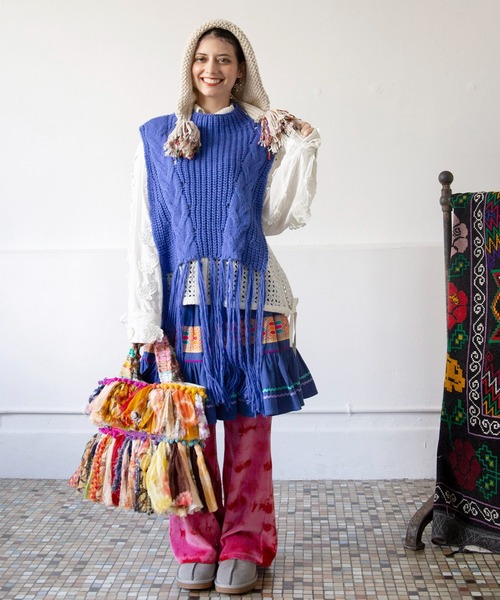 チャイハネ（チャイハネ）の「【チャイハネ】ルティフリンジニットベスト（ベスト・レディース・ホワイト/ピンク/ブラック/ブルー・FREE）」の7枚目の写真