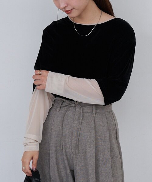Kastane（カスタネ）の「*【前後2WAY】B ベロアレイヤードライクトップス（Tシャツ/カットソー・レディース・ブラック/アイボリー/ブラウン・FREE）」の3枚目の写真