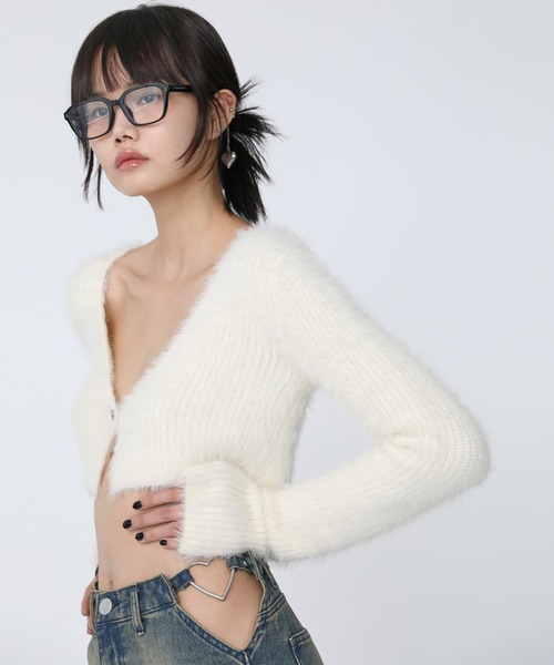 Heart Tattoo(ハートタトゥー)の「Heart button mohair like cardigan / ハートボタン モヘアライク カーディガン(カーディガン/ボレロ・レディース・ホワイト/ブラック・FREE)」の20枚目の写真
