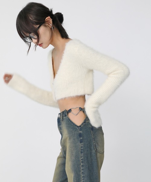 Heart Tattoo(ハートタトゥー)の「Heart button mohair like cardigan / ハートボタン モヘアライク カーディガン(カーディガン/ボレロ・レディース・ホワイト/ブラック・FREE)」の18枚目の写真