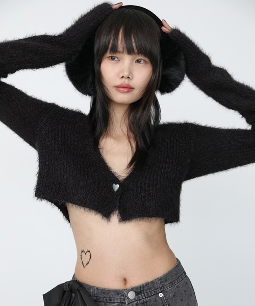 Heart Tattoo(ハートタトゥー)の「Heart button mohair like cardigan / ハートボタン モヘアライク カーディガン(カーディガン/ボレロ・レディース・ホワイト/ブラック・FREE)」の15枚目の写真