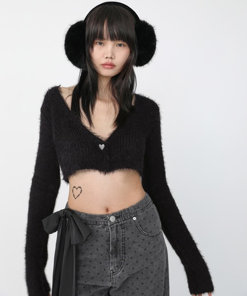 Heart Tattoo(ハートタトゥー)の「Heart button mohair like cardigan / ハートボタン モヘアライク カーディガン(カーディガン/ボレロ・レディース・ホワイト/ブラック・FREE)」の14枚目の写真