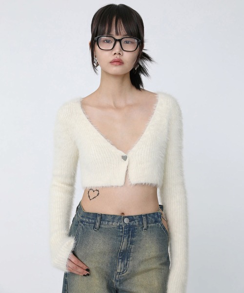 Heart Tattoo(ハートタトゥー)の「Heart button mohair like cardigan / ハートボタン モヘアライク カーディガン(カーディガン/ボレロ・レディース・ホワイト/ブラック・FREE)」の21枚目の写真