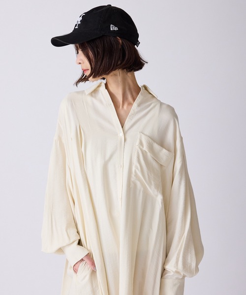 c/est（シーエ）の「c/est/シーエ FRANNY フラニー ワイドシルエット シャツワンピース 秋物 秋服 2026年秋冬（シャツワンピース・レディース・ネイビー/オフホワイト・FREE）」の6枚目の写真