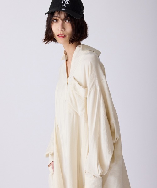 c/est（シーエ）の「c/est/シーエ FRANNY フラニー ワイドシルエット シャツワンピース 秋物 秋服 2026年秋冬（シャツワンピース・レディース・ネイビー/オフホワイト・FREE）」の7枚目の写真