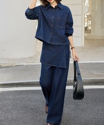 Bifrost（ビフレスト）の「アシンメトリーデニムシャツ＆レイヤードワイドパンツセットアップ（セットアップ）」